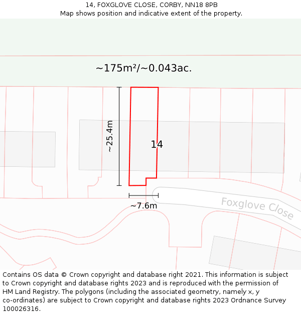 14, FOXGLOVE CLOSE, CORBY, NN18 8PB: Plot and title map