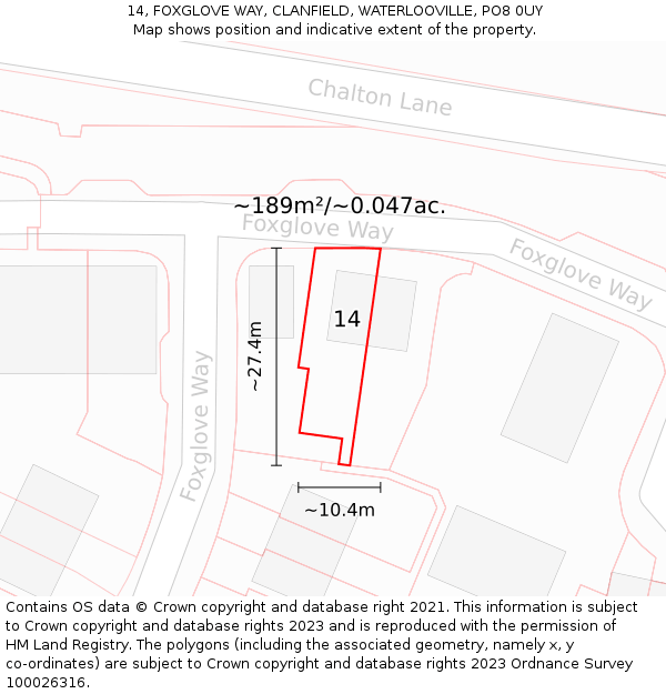 14, FOXGLOVE WAY, CLANFIELD, WATERLOOVILLE, PO8 0UY: Plot and title map
