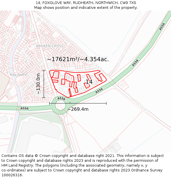 14, FOXGLOVE WAY, RUDHEATH, NORTHWICH, CW9 7XS: Plot and title map