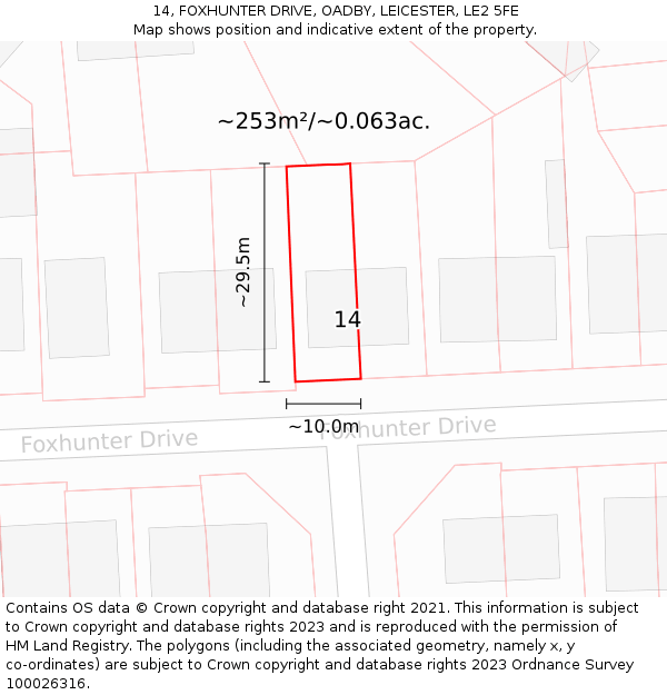 14, FOXHUNTER DRIVE, OADBY, LEICESTER, LE2 5FE: Plot and title map