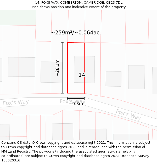 14, FOXS WAY, COMBERTON, CAMBRIDGE, CB23 7DL: Plot and title map