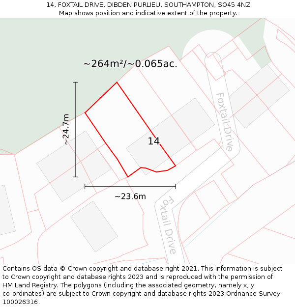 14, FOXTAIL DRIVE, DIBDEN PURLIEU, SOUTHAMPTON, SO45 4NZ: Plot and title map