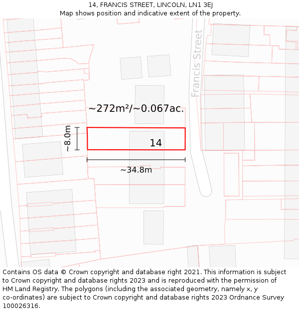 14, FRANCIS STREET, LINCOLN, LN1 3EJ: Plot and title map