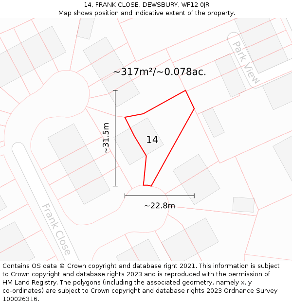 14, FRANK CLOSE, DEWSBURY, WF12 0JR: Plot and title map