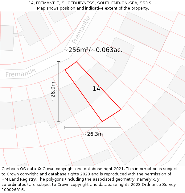 14, FREMANTLE, SHOEBURYNESS, SOUTHEND-ON-SEA, SS3 9HU: Plot and title map