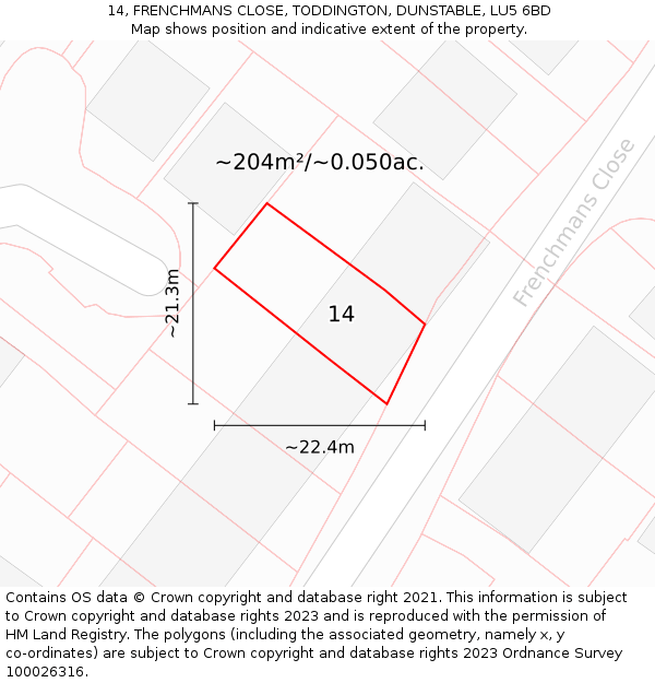 14, FRENCHMANS CLOSE, TODDINGTON, DUNSTABLE, LU5 6BD: Plot and title map