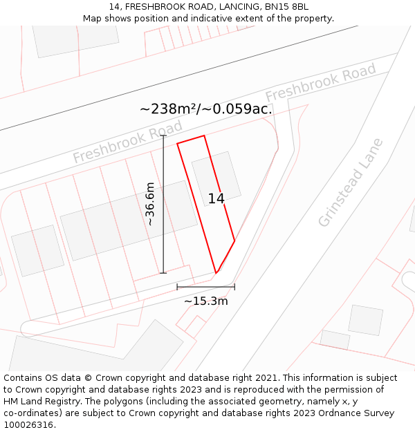 14, FRESHBROOK ROAD, LANCING, BN15 8BL: Plot and title map