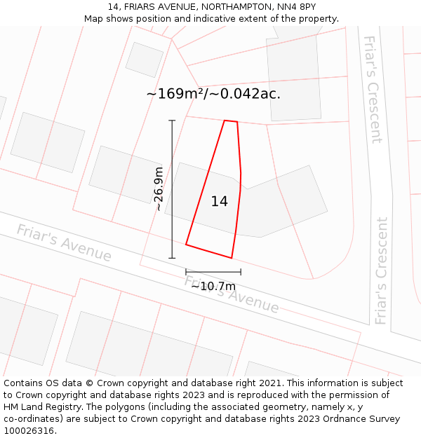 14, FRIARS AVENUE, NORTHAMPTON, NN4 8PY: Plot and title map