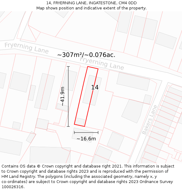 14, FRYERNING LANE, INGATESTONE, CM4 0DD: Plot and title map
