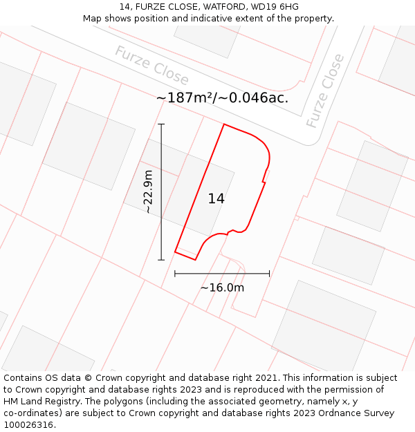 14, FURZE CLOSE, WATFORD, WD19 6HG: Plot and title map