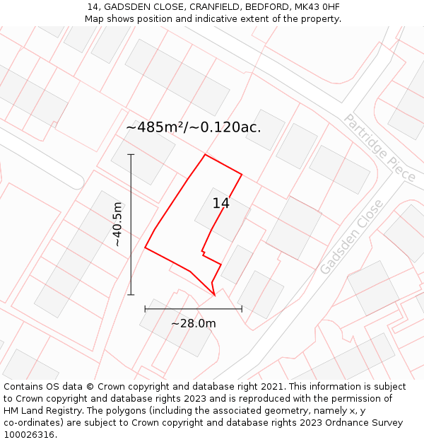 14, GADSDEN CLOSE, CRANFIELD, BEDFORD, MK43 0HF: Plot and title map