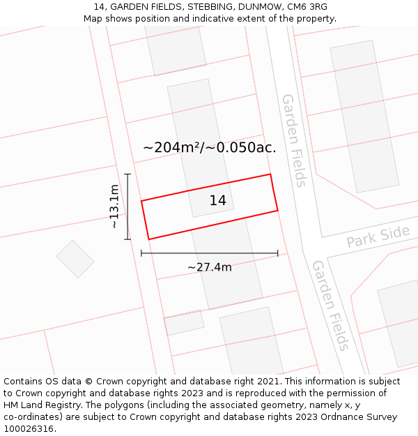 14, GARDEN FIELDS, STEBBING, DUNMOW, CM6 3RG: Plot and title map
