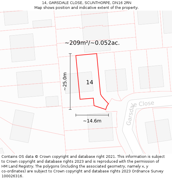 14, GARSDALE CLOSE, SCUNTHORPE, DN16 2RN: Plot and title map