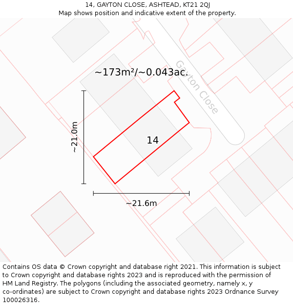 14, GAYTON CLOSE, ASHTEAD, KT21 2QJ: Plot and title map