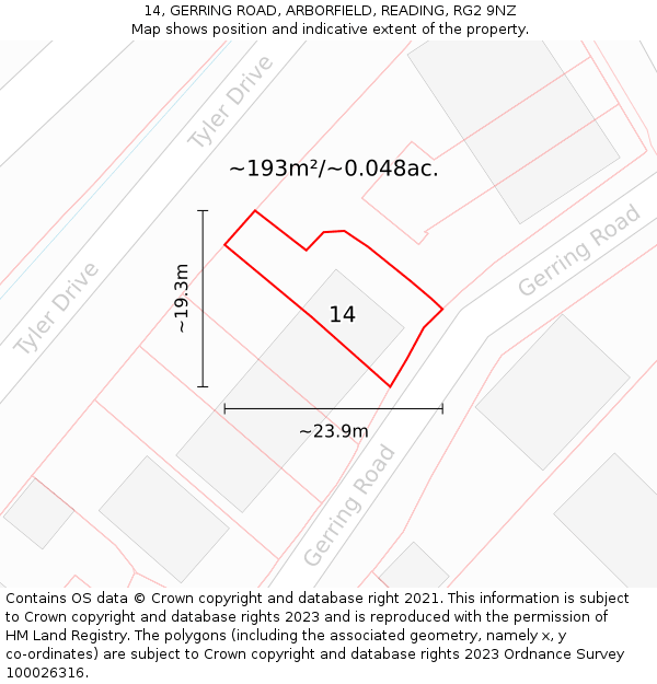 14, GERRING ROAD, ARBORFIELD, READING, RG2 9NZ: Plot and title map