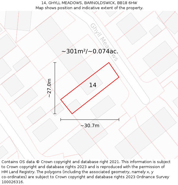 14, GHYLL MEADOWS, BARNOLDSWICK, BB18 6HW: Plot and title map