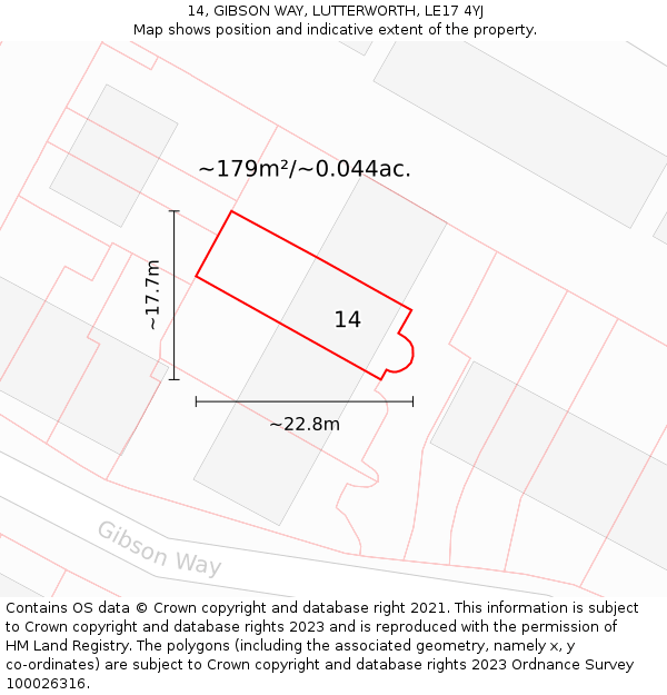 14, GIBSON WAY, LUTTERWORTH, LE17 4YJ: Plot and title map