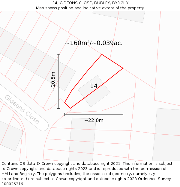 14, GIDEONS CLOSE, DUDLEY, DY3 2HY: Plot and title map