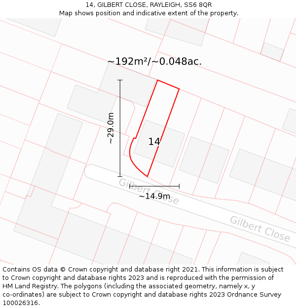 14, GILBERT CLOSE, RAYLEIGH, SS6 8QR: Plot and title map