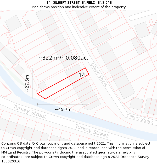 14, GILBERT STREET, ENFIELD, EN3 6PE: Plot and title map
