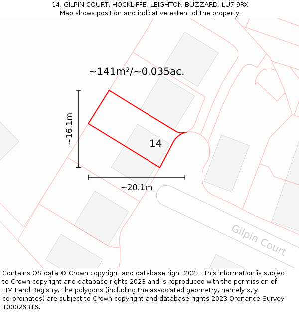 14, GILPIN COURT, HOCKLIFFE, LEIGHTON BUZZARD, LU7 9RX: Plot and title map