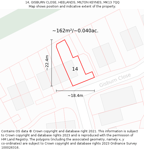 14, GISBURN CLOSE, HEELANDS, MILTON KEYNES, MK13 7QQ: Plot and title map