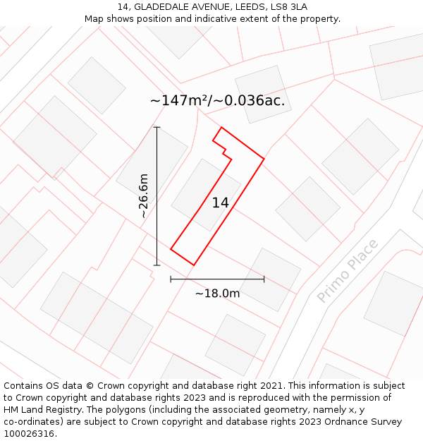 14, GLADEDALE AVENUE, LEEDS, LS8 3LA: Plot and title map