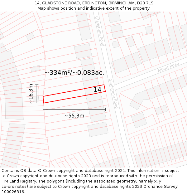 14, GLADSTONE ROAD, ERDINGTON, BIRMINGHAM, B23 7LS: Plot and title map