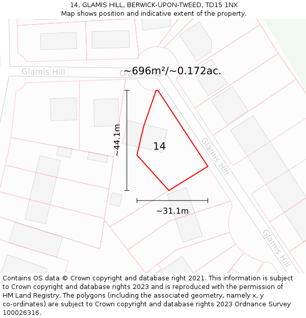 14, GLAMIS HILL, BERWICK-UPON-TWEED, TD15 1NX: Plot and title map