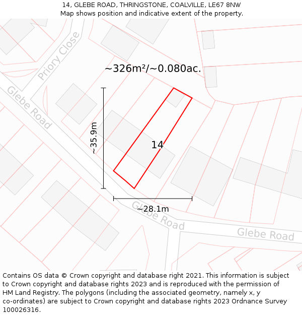 14, GLEBE ROAD, THRINGSTONE, COALVILLE, LE67 8NW: Plot and title map