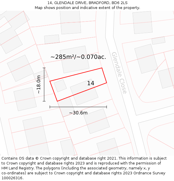 14, GLENDALE DRIVE, BRADFORD, BD6 2LS: Plot and title map