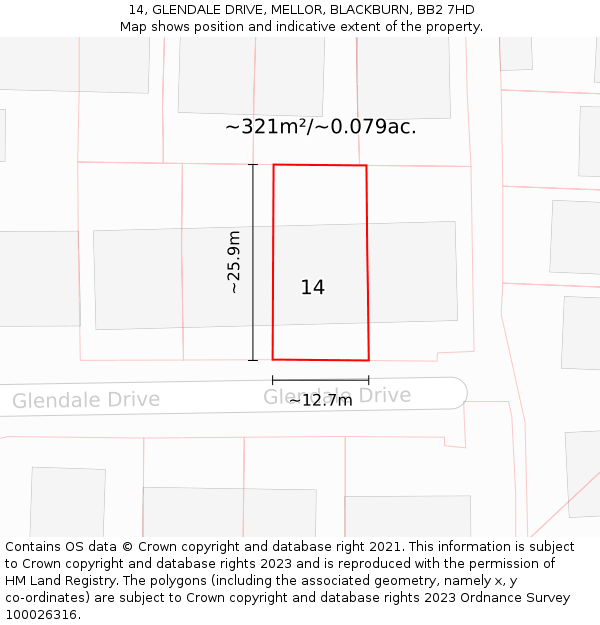 14, GLENDALE DRIVE, MELLOR, BLACKBURN, BB2 7HD: Plot and title map