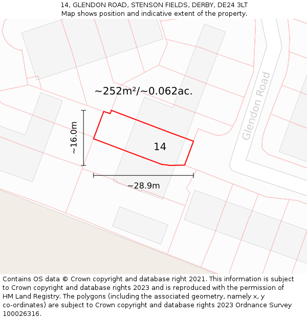 14, GLENDON ROAD, STENSON FIELDS, DERBY, DE24 3LT: Plot and title map
