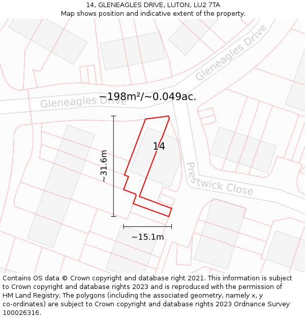 14, GLENEAGLES DRIVE, LUTON, LU2 7TA: Plot and title map
