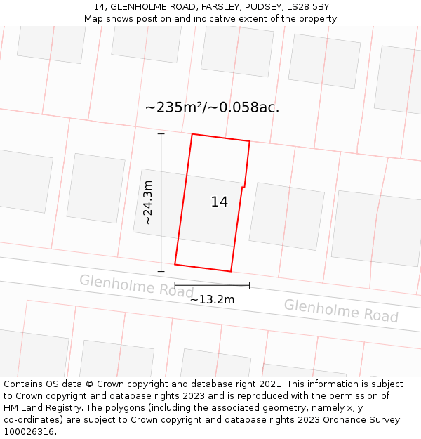 14, GLENHOLME ROAD, FARSLEY, PUDSEY, LS28 5BY: Plot and title map