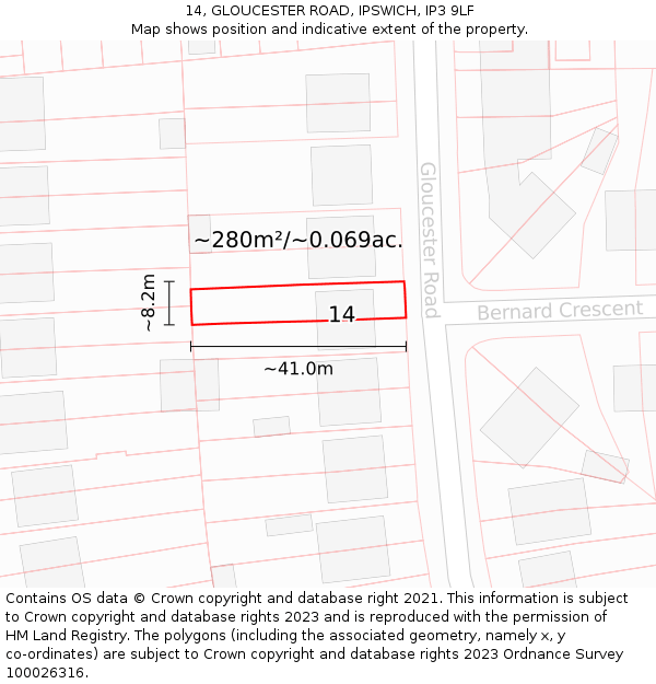 14, GLOUCESTER ROAD, IPSWICH, IP3 9LF: Plot and title map