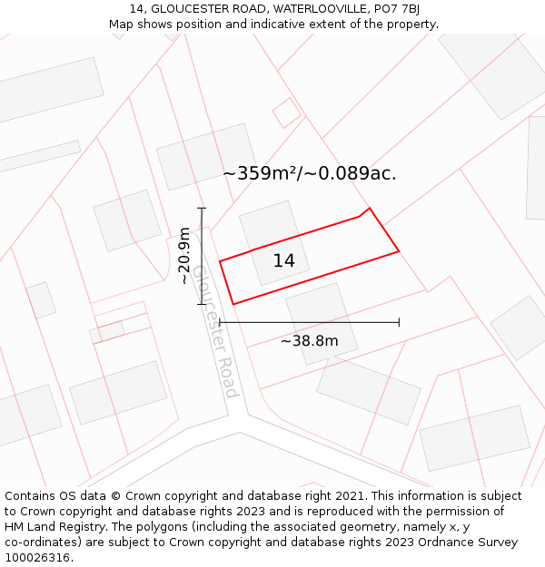 14, GLOUCESTER ROAD, WATERLOOVILLE, PO7 7BJ: Plot and title map