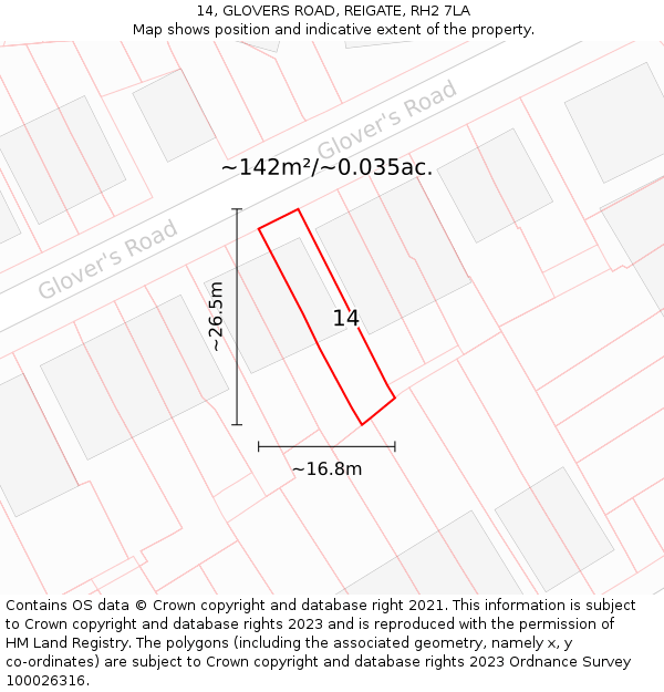 14, GLOVERS ROAD, REIGATE, RH2 7LA: Plot and title map
