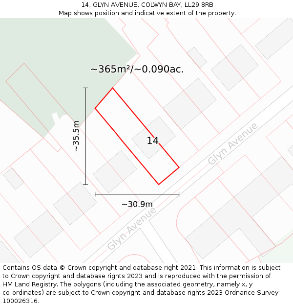 14, GLYN AVENUE, COLWYN BAY, LL29 8RB: Plot and title map