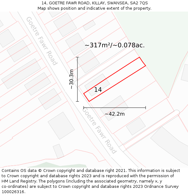 14, GOETRE FAWR ROAD, KILLAY, SWANSEA, SA2 7QS: Plot and title map