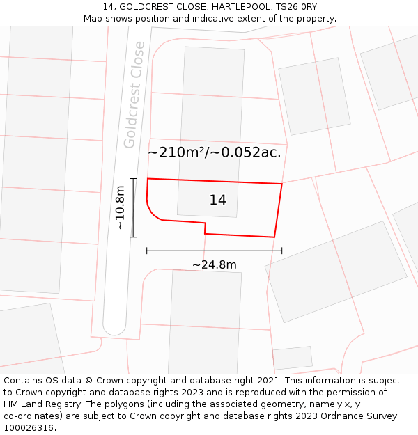 14, GOLDCREST CLOSE, HARTLEPOOL, TS26 0RY: Plot and title map