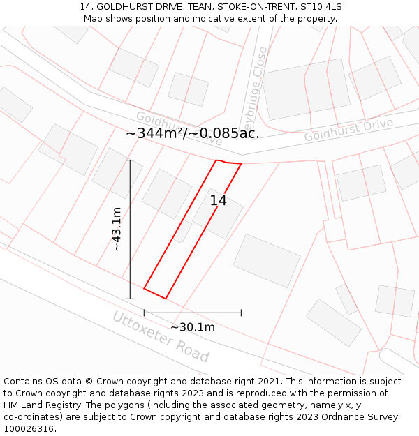 14, GOLDHURST DRIVE, TEAN, STOKE-ON-TRENT, ST10 4LS: Plot and title map