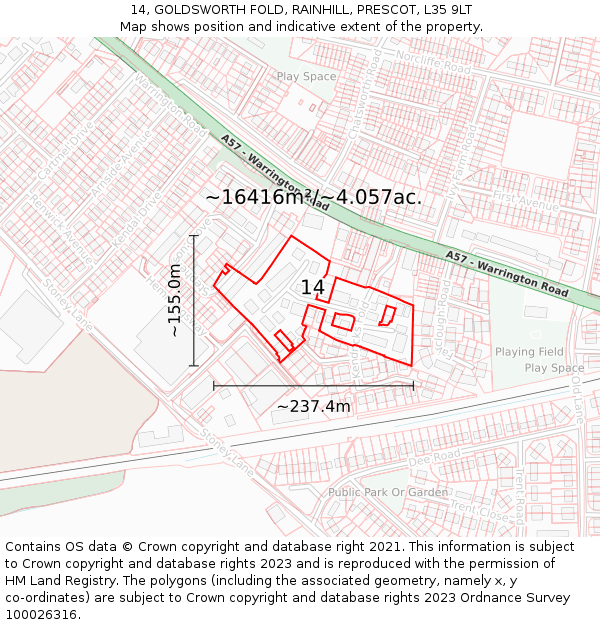 14, GOLDSWORTH FOLD, RAINHILL, PRESCOT, L35 9LT: Plot and title map