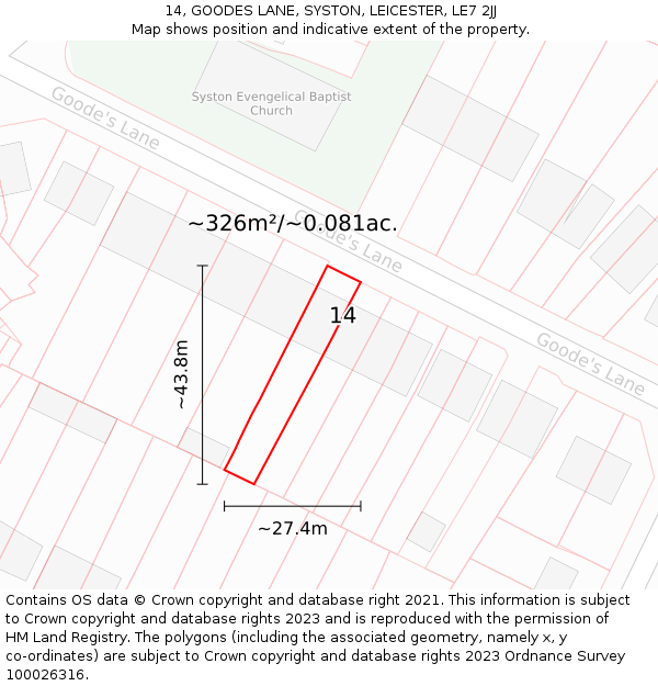14, GOODES LANE, SYSTON, LEICESTER, LE7 2JJ: Plot and title map