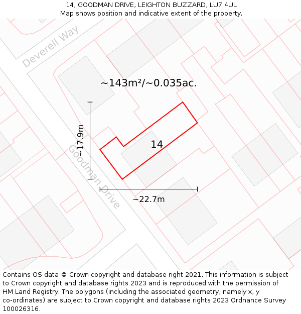 14, GOODMAN DRIVE, LEIGHTON BUZZARD, LU7 4UL: Plot and title map
