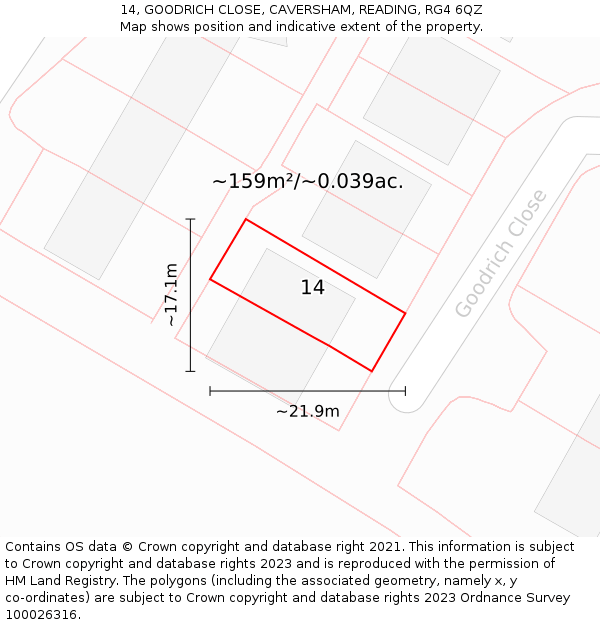 14, GOODRICH CLOSE, CAVERSHAM, READING, RG4 6QZ: Plot and title map