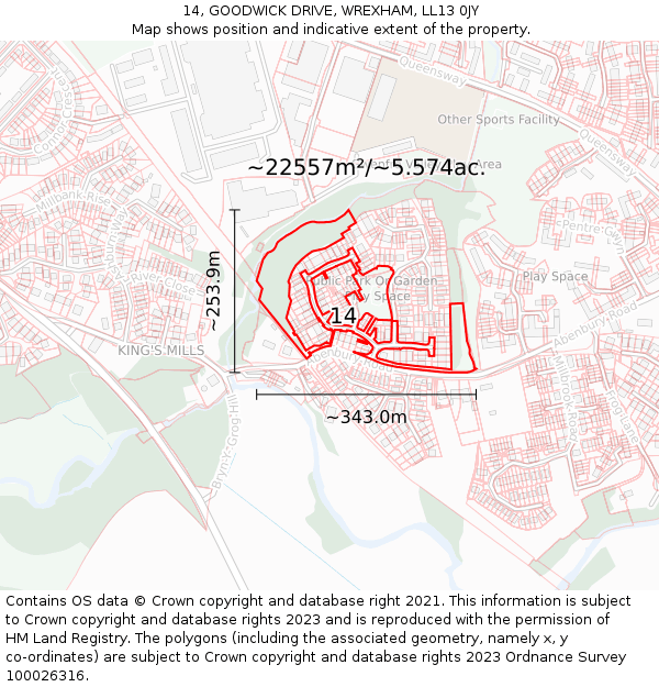 14, GOODWICK DRIVE, WREXHAM, LL13 0JY: Plot and title map