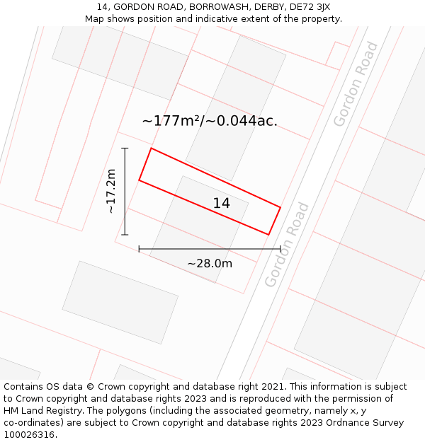14, GORDON ROAD, BORROWASH, DERBY, DE72 3JX: Plot and title map