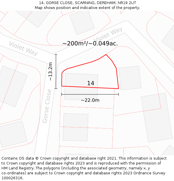 14, GORSE CLOSE, SCARNING, DEREHAM, NR19 2UT: Plot and title map