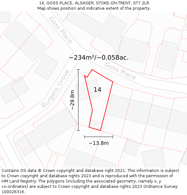 14, GOSS PLACE, ALSAGER, STOKE-ON-TRENT, ST7 2LR: Plot and title map